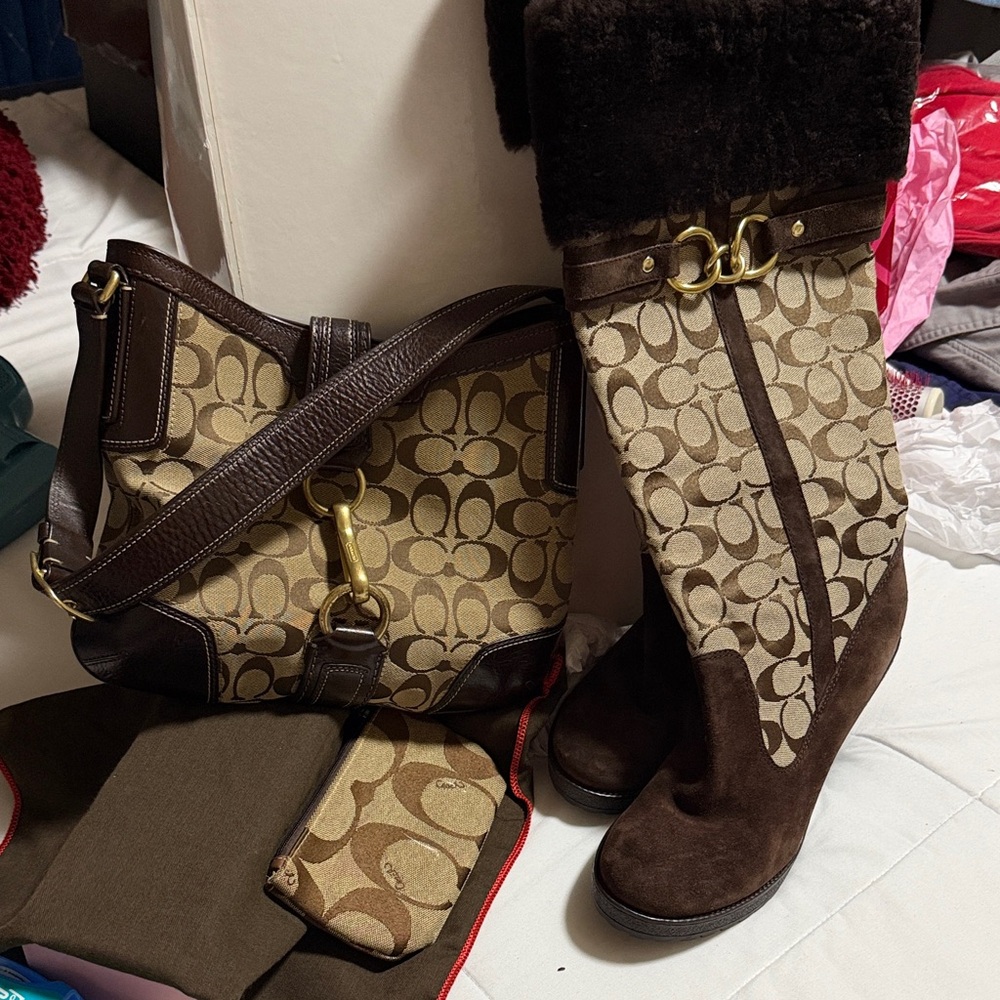 Coach Brown and Tan Heeled Boots and purse - Picture 5 of 6